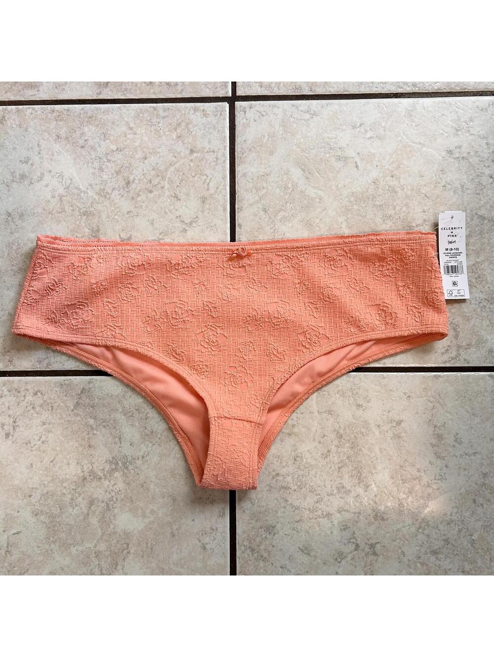 Celebrity Pink Coral Salmon Floral Textured Bikini Bottom Women's Medium